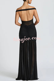 Raise The Level Mesh Off Shoulder Ruched Scarf Stretch Maxi Dress