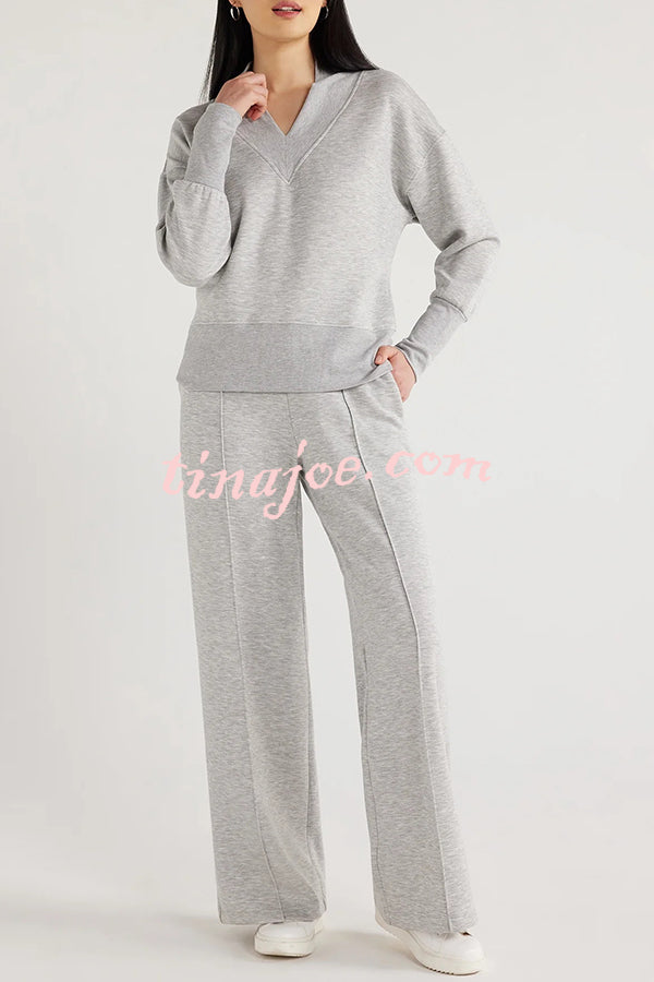 Weather Gets Cold Solid Color V-neck Top and Elastic Waist Pocketed Lounge Pants Set