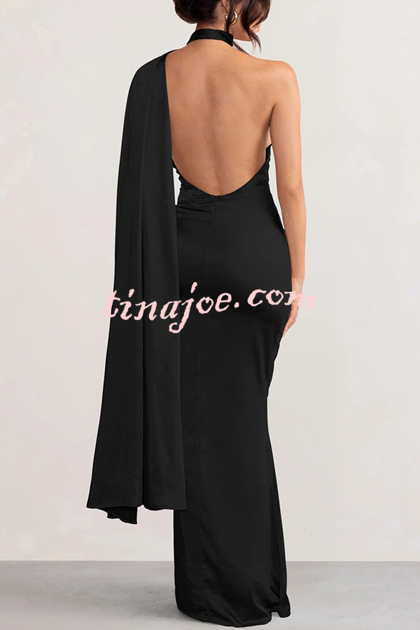 VIP Party Satin Asymmetric Scarf Neck Backless Maxi Dress