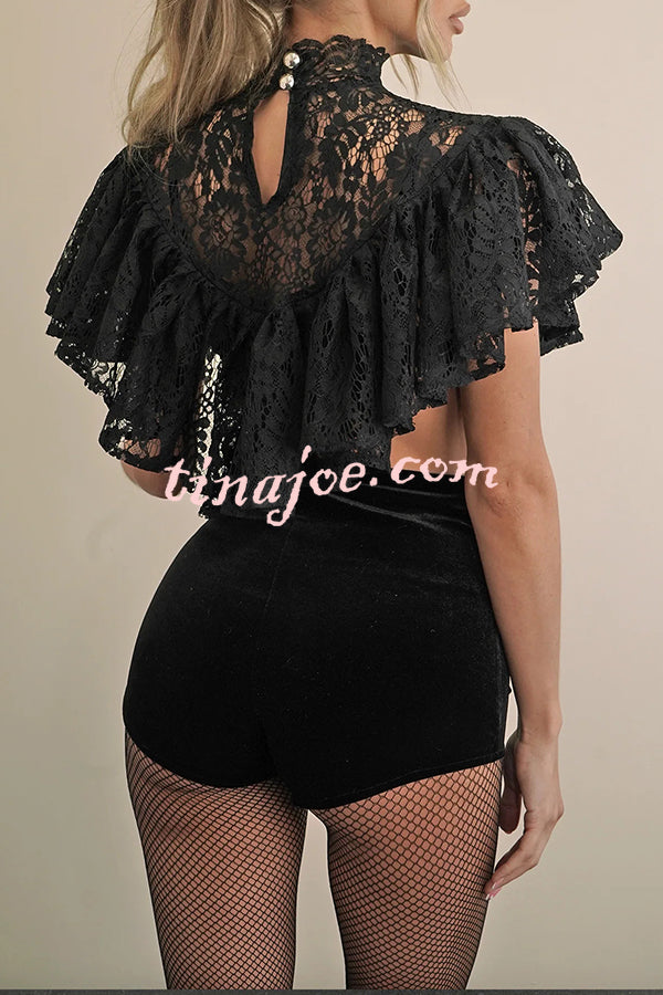 Avina Lace Bow Detail High Neck Cascading Ruffles Cropped Cape Top