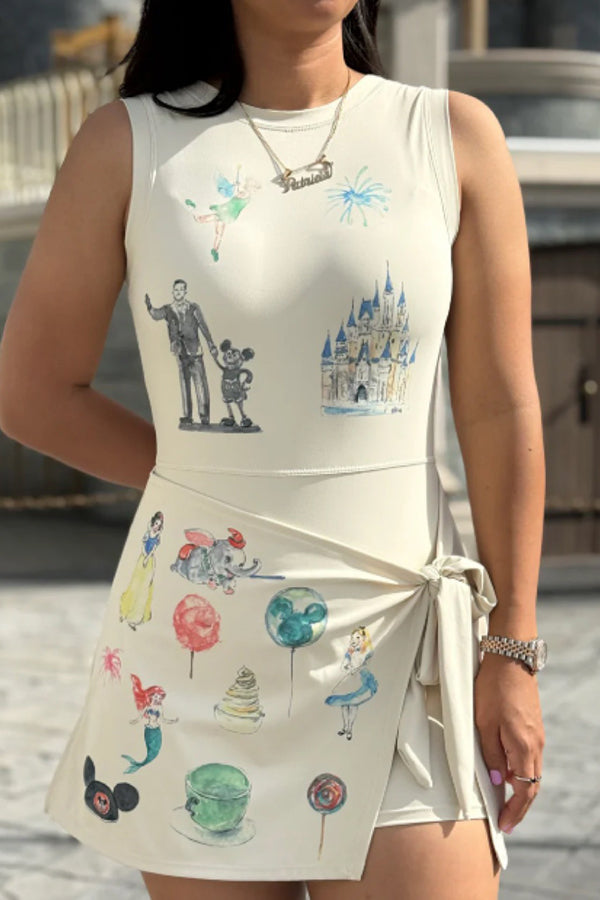 Childish Cartoon Print Sleeveless Fitted Lace-Up Mini Dress