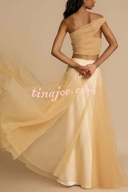 Romance Factor Satin Patchwork Tulle High Rise Elastic Waist A-line Maxi Skirt