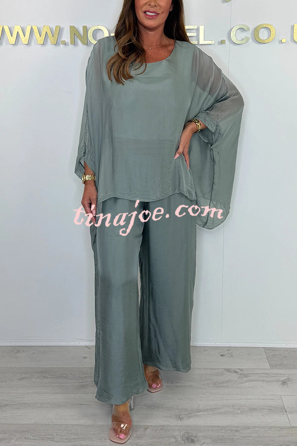 Solid Color Round Neck Loose Bat Sleeve Top and Elastic Waist Wide Leg Pants Set