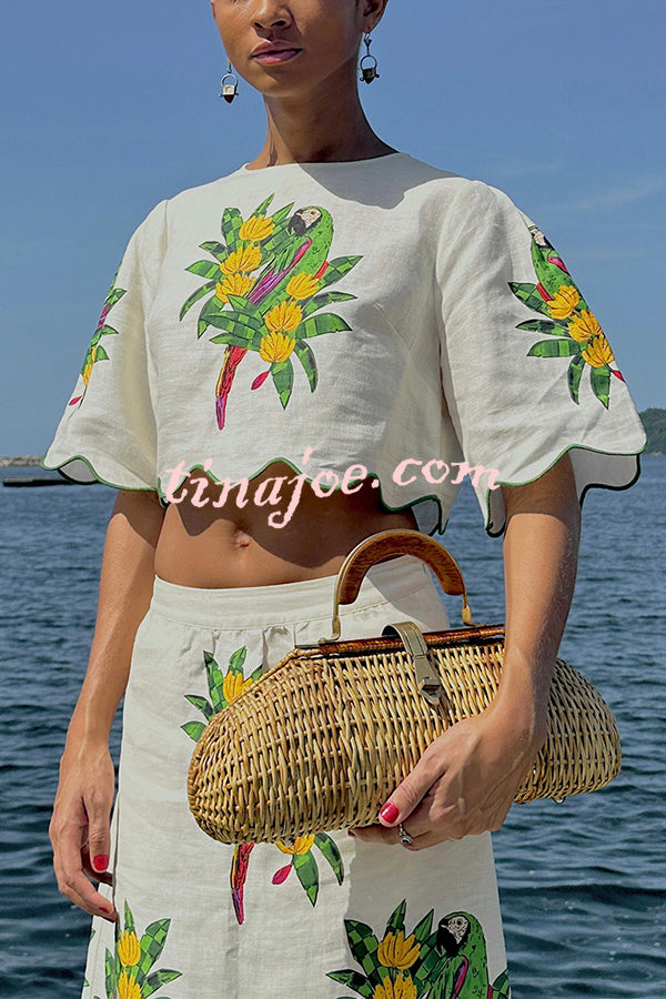 Parrot Print Round Neck Loose Crop Top and Elastic Waist Pocket Casual Midi Skirt Set