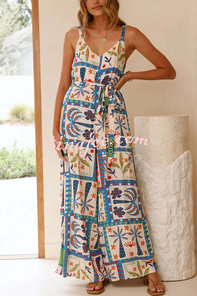 Unique Beach Vacation Print V-neck Suspenders Casual Wide-leg Jumpsuit