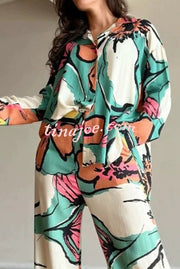 Unique Graffiti Print Casual Long Sleeve Shirt and Elastic Waist Pocket Straight Pants Set