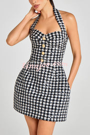 Mila Check Bouclé-tweed Fabric Halter Sweetheart Neck Gold Button Pocketed Mini Dress