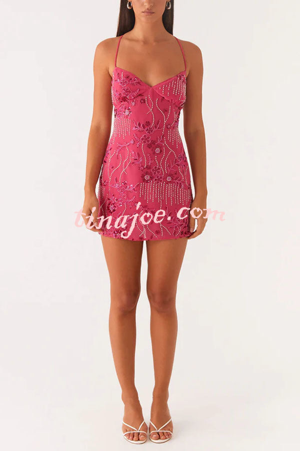 Looking Amazing Sequin Beaded Material Back Lace-up Cami Mini Dress