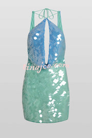 Fashion Sexy Sequined Backless Halter Neck Slim Fit Mini Dress