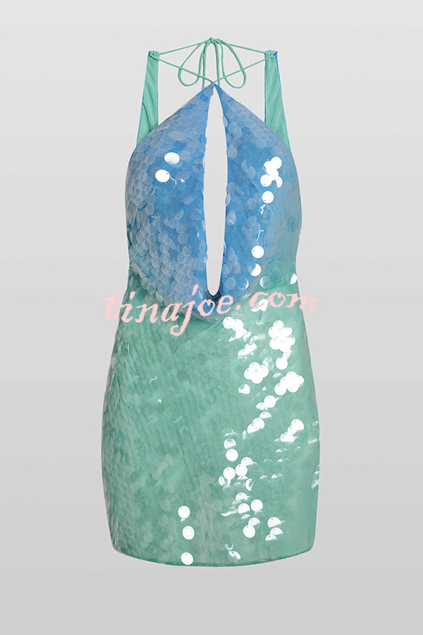 Fashion Sexy Sequined Backless Halter Neck Slim Fit Mini Dress