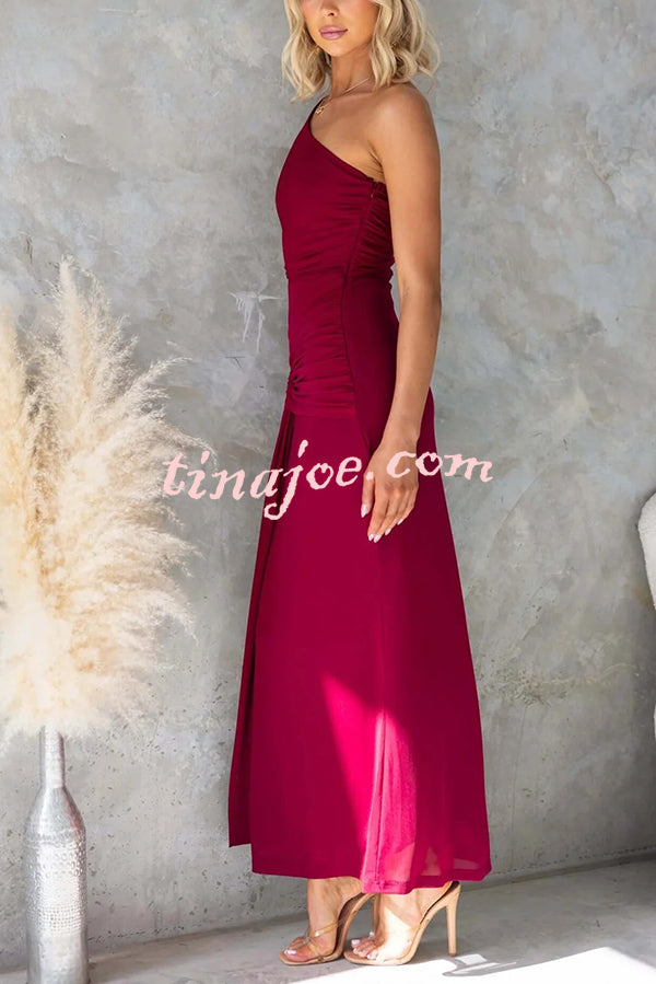 Solid Color Elegant Mesh One Shoulder Sexy Waist Hollow Out Maxi Dress
