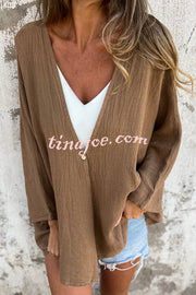 Solid Color V-neck Loose Long-sleeved Button Top