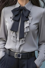 Fashion Ruffled Bow Tie Casual Long-sleeved Shirt