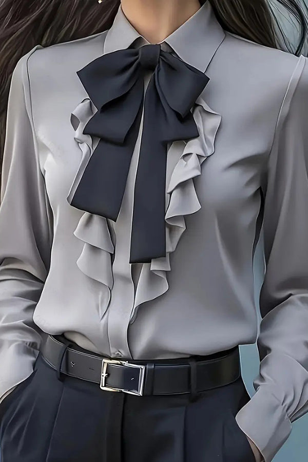 Fashion Ruffled Bow Tie Casual Long-sleeved Shirt