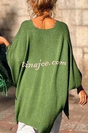 Fashion V-neck Loose Pocket Mid-length Knitted Sweater
