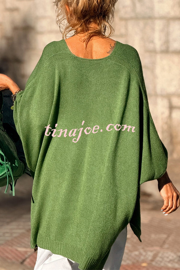 Fashion V-neck Loose Pocket Mid-length Knitted Sweater
