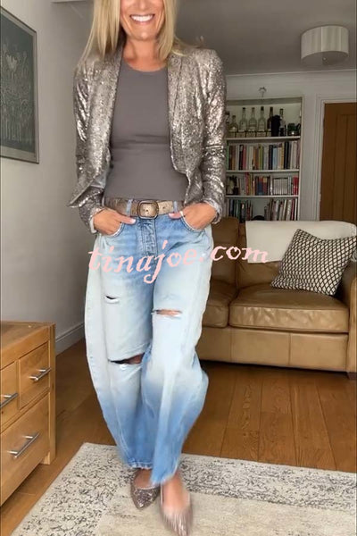 A Shining Day Sequin Long Sleeve Cropped Lapel Jacket