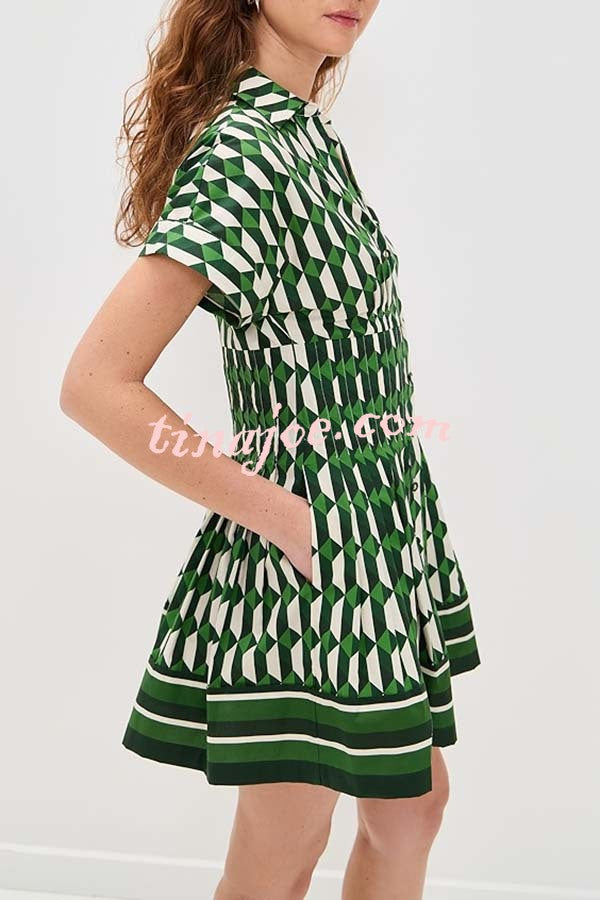 Nash Geometric Tile Print Wide Sleeve Button Up Pocketed Mini Dress