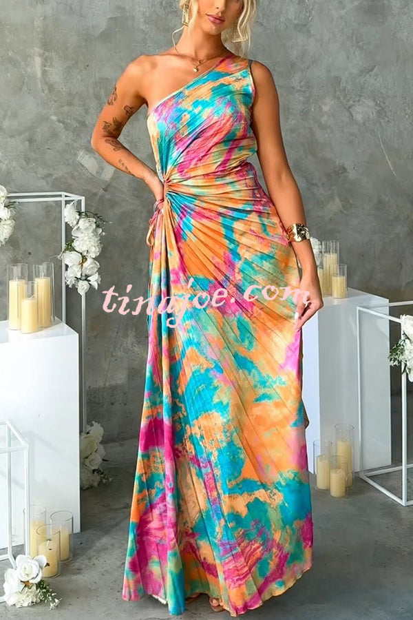 Tejano Satin One Shoulder Adjustable Tie Pleated Maxi Dress