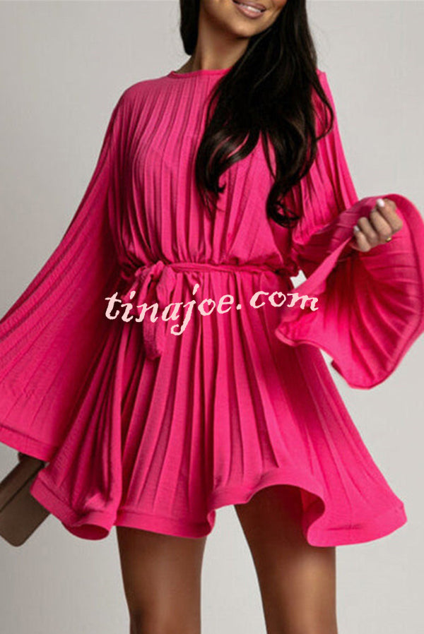 Fashion Bell Sleeve Loose Waist Tie Pleated Mini Dress