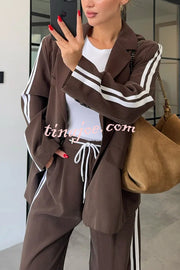 Levvie Striped Trim Long Sleeve Lapel Blazer and Rope Belt Pocketed Wide Leg Pants Set