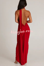 Sexy Backless Pleated Slim Solid Color Sleeveless Elegant Maxi Dress