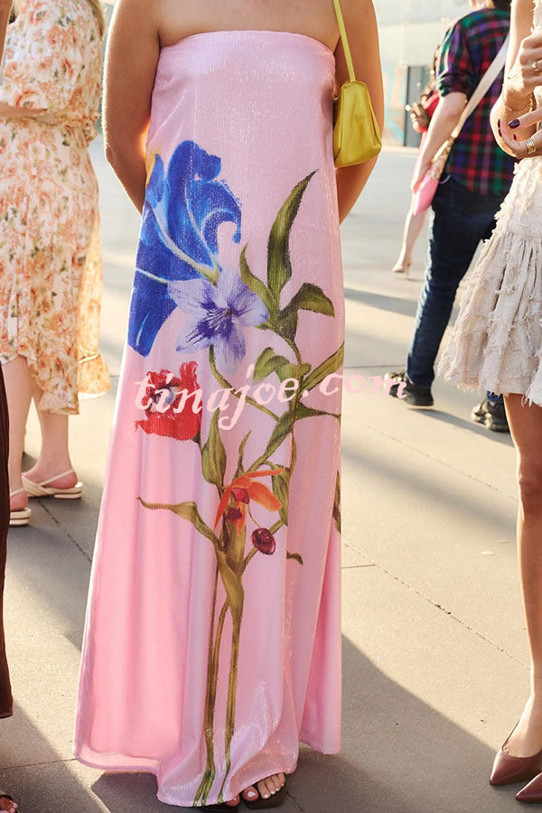 Special Night Sequin Floral Print Off Shoulder A-line Maxi Dress