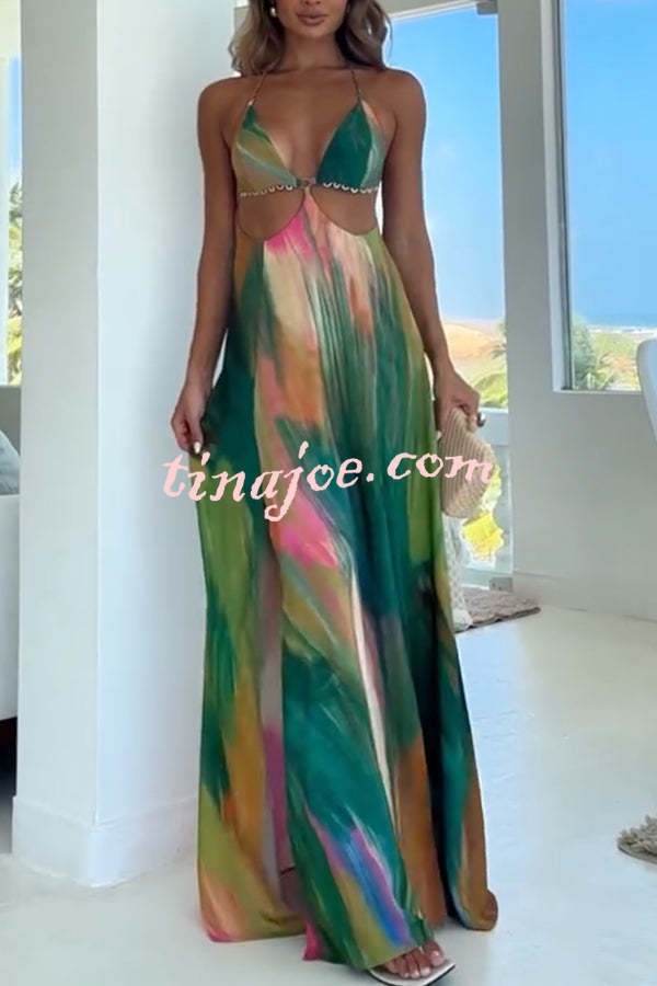 Andie Splash Ink Printed Cutout Back Tie-up Slit Vacation Maxi Dress