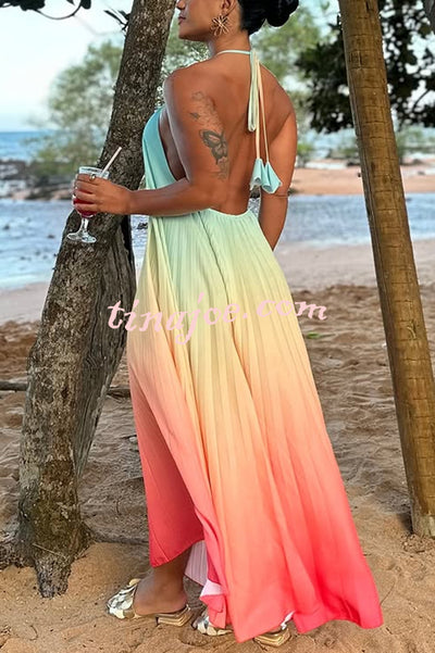 Sea goddess Gradient Print Pleated Halter Backless A-line Maxi Dress