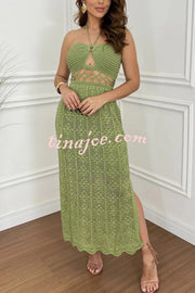 Avena Crochet Knit Cutout Waist Halter Texture Slit Maxi Dress