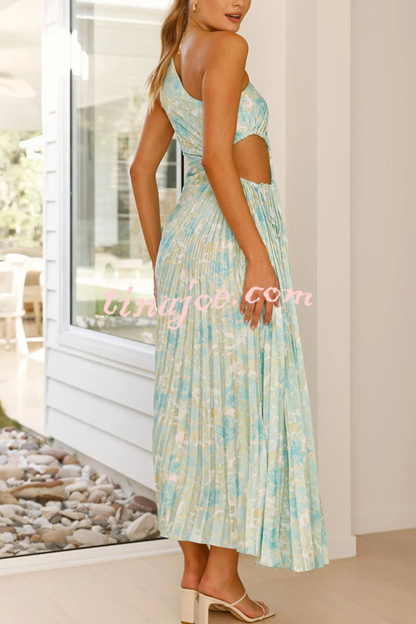 Charming One Shoulder Lace Up Cutout Pleated Maxi Dress