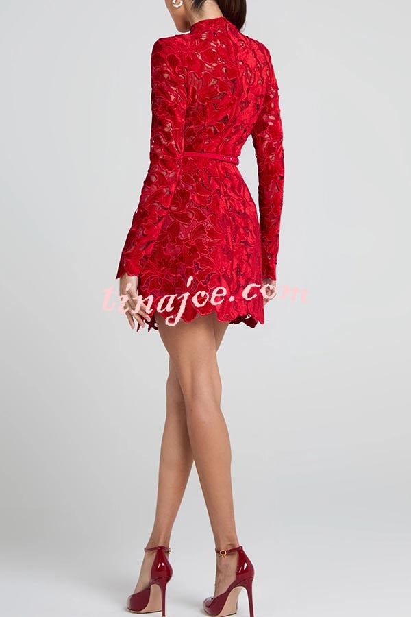 Lydia Embroidered Floral Lace Long Sleeve Belt Tulip Shaped Mini Dress