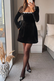 Endless Celebration Velvet Jewel Embellished Trim Long Sleeve Pocketed Mini Dress