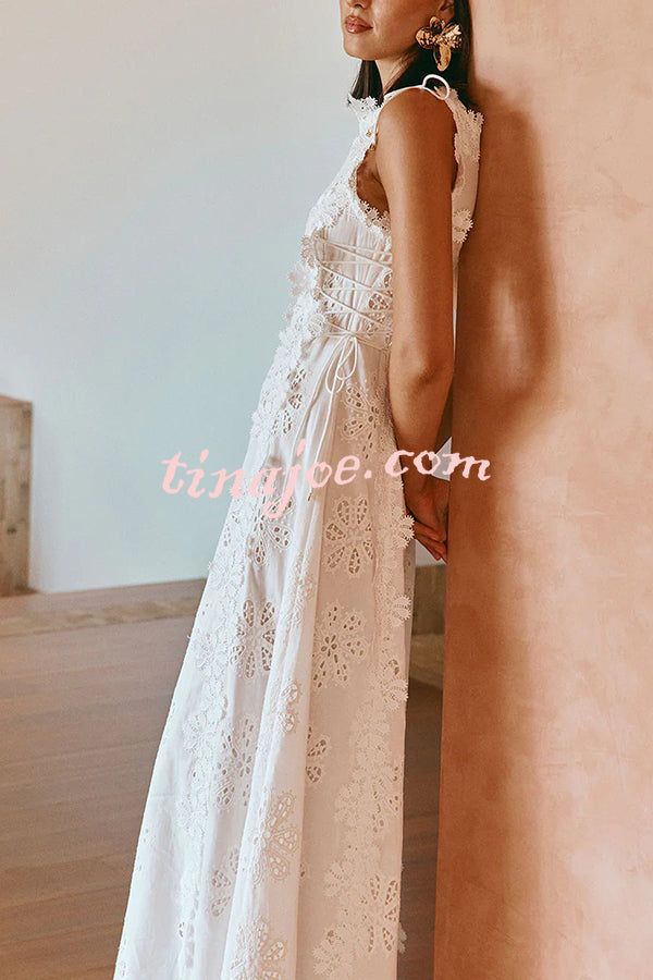 Mairi Embroidery Hollow Fabric Delicate Flower Trim Side Lace-up Maxi Dress