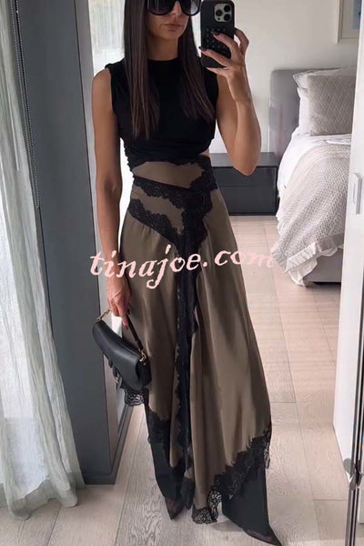 Verve Ribbed Jersey Cutout Waist Asymmetric Satin Lace Hem Maxi Dress