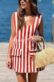 Sunny Views Thick Striped Print Wide Strap Flap A-line Mini Dress