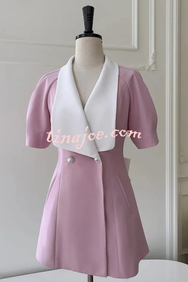 Seasonal Cheer Pearl Button Puff Sleeve Backless Bow Lapel Mini Dress