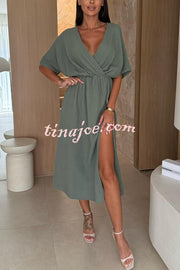 Linen Blend Solid Color V-neck Short Sleeve Waist Loose Slit Midi Dress