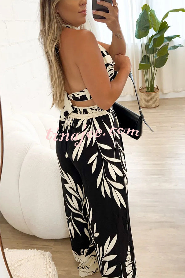 Botanical Print Halterneck Crop Top and Casual High-waist Wide-leg Pants Set