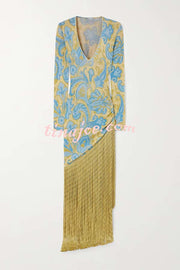 Golden Age Knit Paisley Print Long Sleeve Tassle Hem Maxi Dress