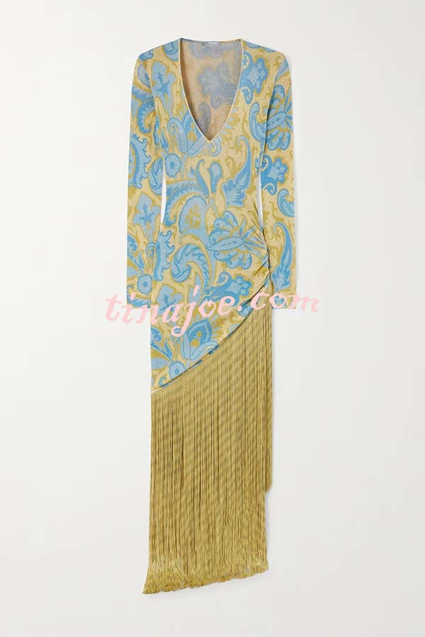 Golden Age Knit Paisley Print Long Sleeve Tassle Hem Maxi Dress