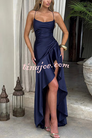 Solid Color Sexy Backless Lace-up Irregular Ruffled Maxi Dress