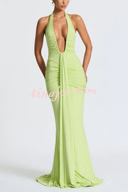 Solid Color Elegant Halterneck V-neck Open Back Tie Gathered Maxi Dress