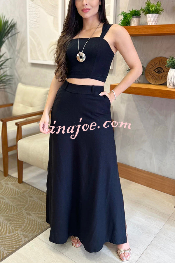 Solid Color Slim Fit Camisole Top and High Waist Slit Pocket Long Skirt Set