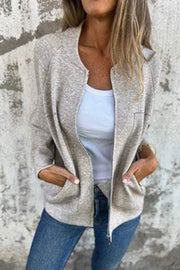 Solid Color Casual Long Sleeve Zippered Loose Pocket Jacket