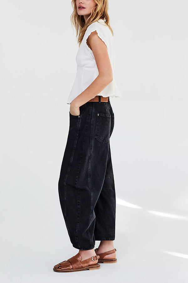 Rina Denim Mid-Rise Pocket Tapered Hem Barrel Jeans