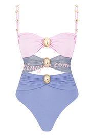 Color Block Patchwork Hollow Metal Decorative Stretch One-piece Swimsuit