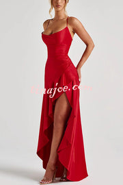Solid Color Sexy Backless Lace-up Irregular Ruffled Maxi Dress