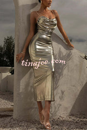 Visions of You Metallic Fabric Cowl Neck Removable Straps Stretch Midi Dress