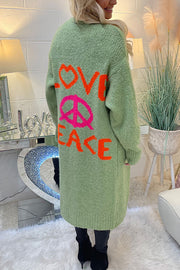 Neon Love Peace Chunky Knit Pocket Straight Midi Cardigan